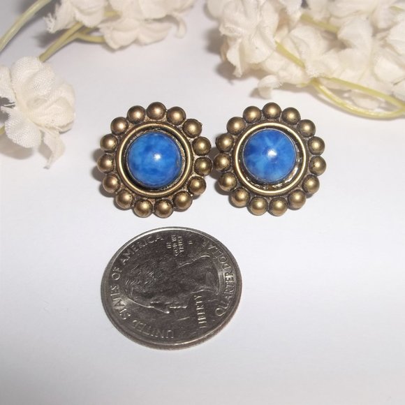 Blue & Bronze Earring Set Stud Post Back Fashion Accessory Jewelry Pair 6853 - Picture 3 of 6